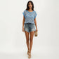 Short Sleeve Striped Crochet Knit Top with Open Stitch Texture and Relaxed Fit