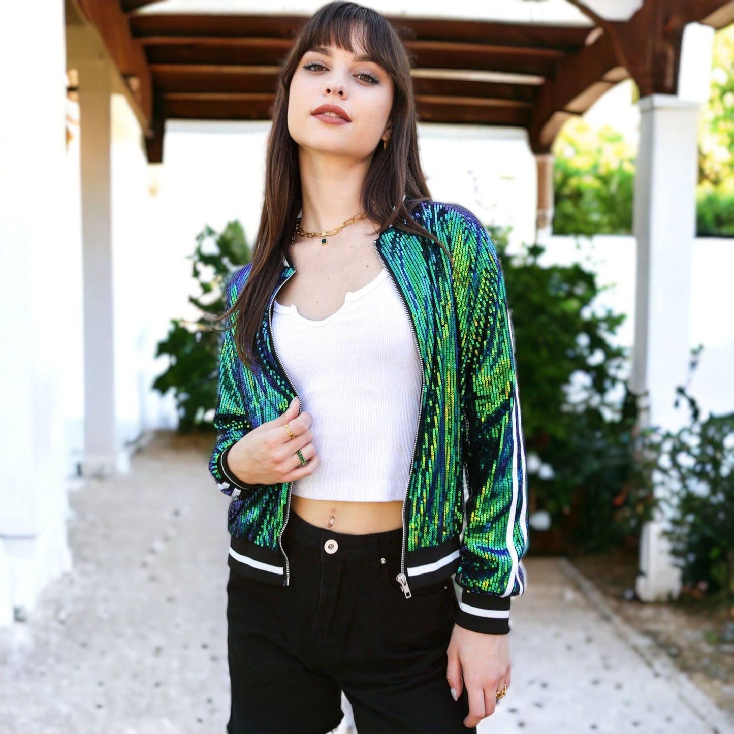 Striped Long Sleeve Sequin Varsity Jacket