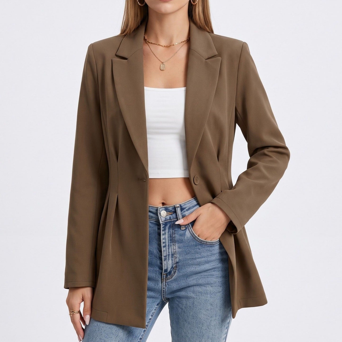 Longline Single Button Blazer with Notched Lapels