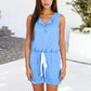 Sleeveless Button Front Romper with Drawstring Waist Pockets