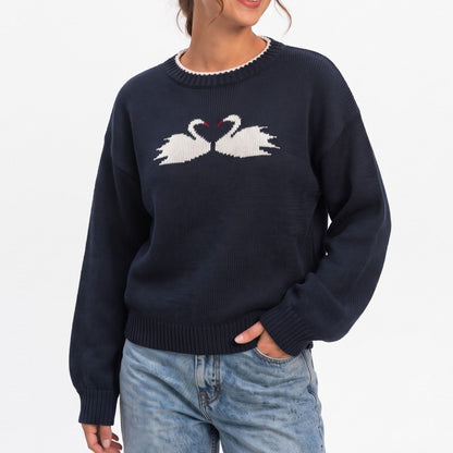 Swan Graphic Crewneck Long Sleeve Pullover Sweater