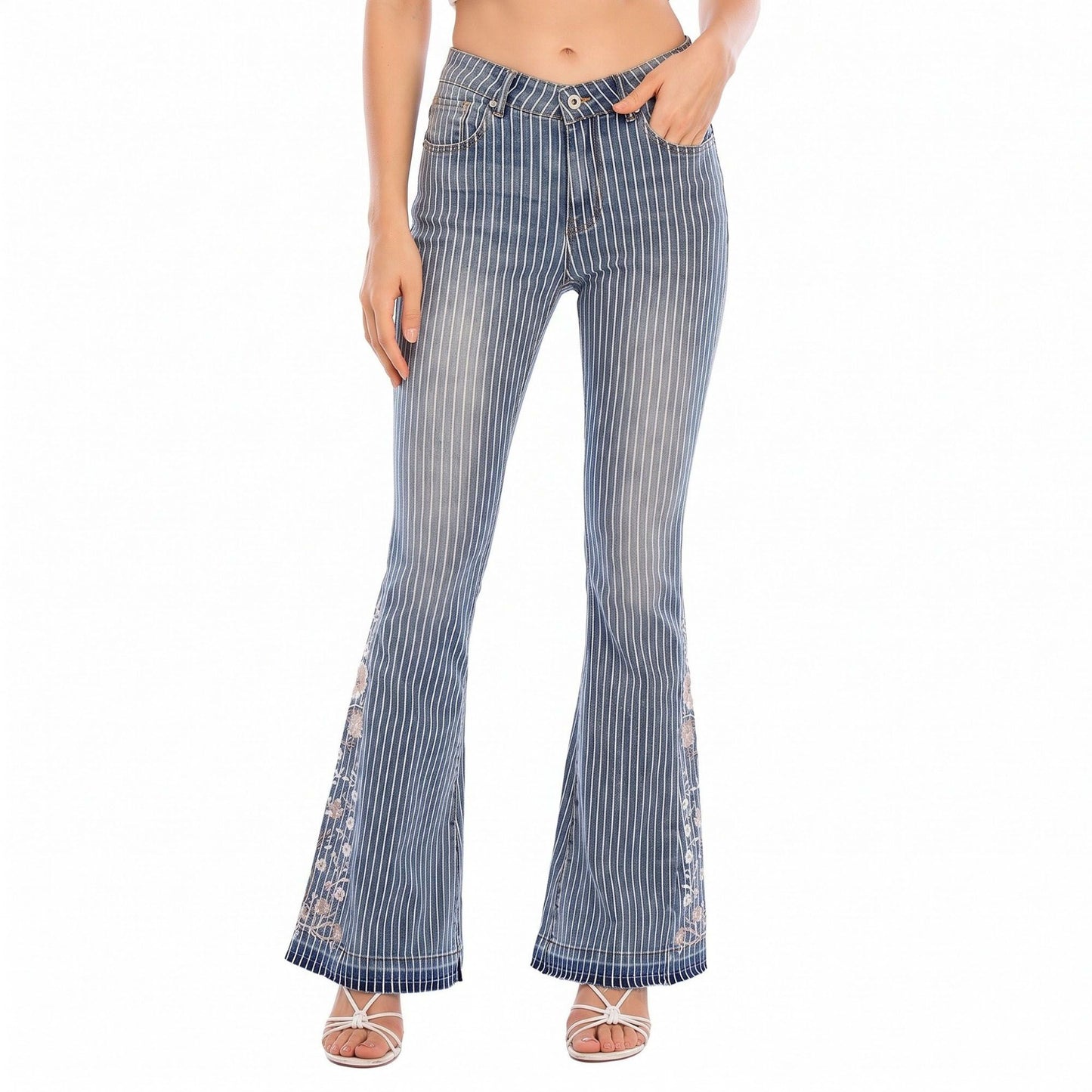 Striped Flare Jeans Floral Embroidered Denim Pants
