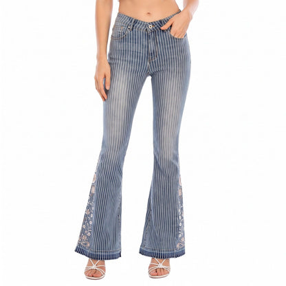 Striped Flare Jeans Floral Embroidered Denim Pants
