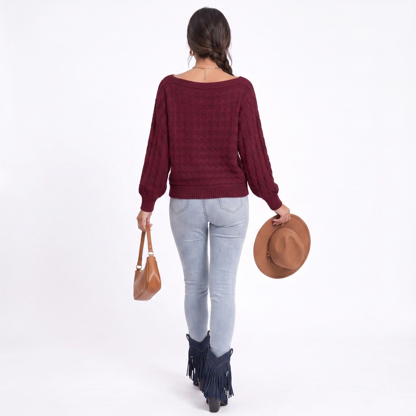 Boat Neck Cable Knit Long Sleeve Pullover Sweater