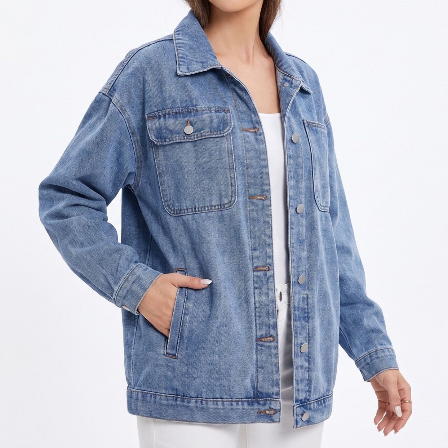 Oversized Denim Jacket Button Front Long Sleeve Casual Jean Shacket With Pockets