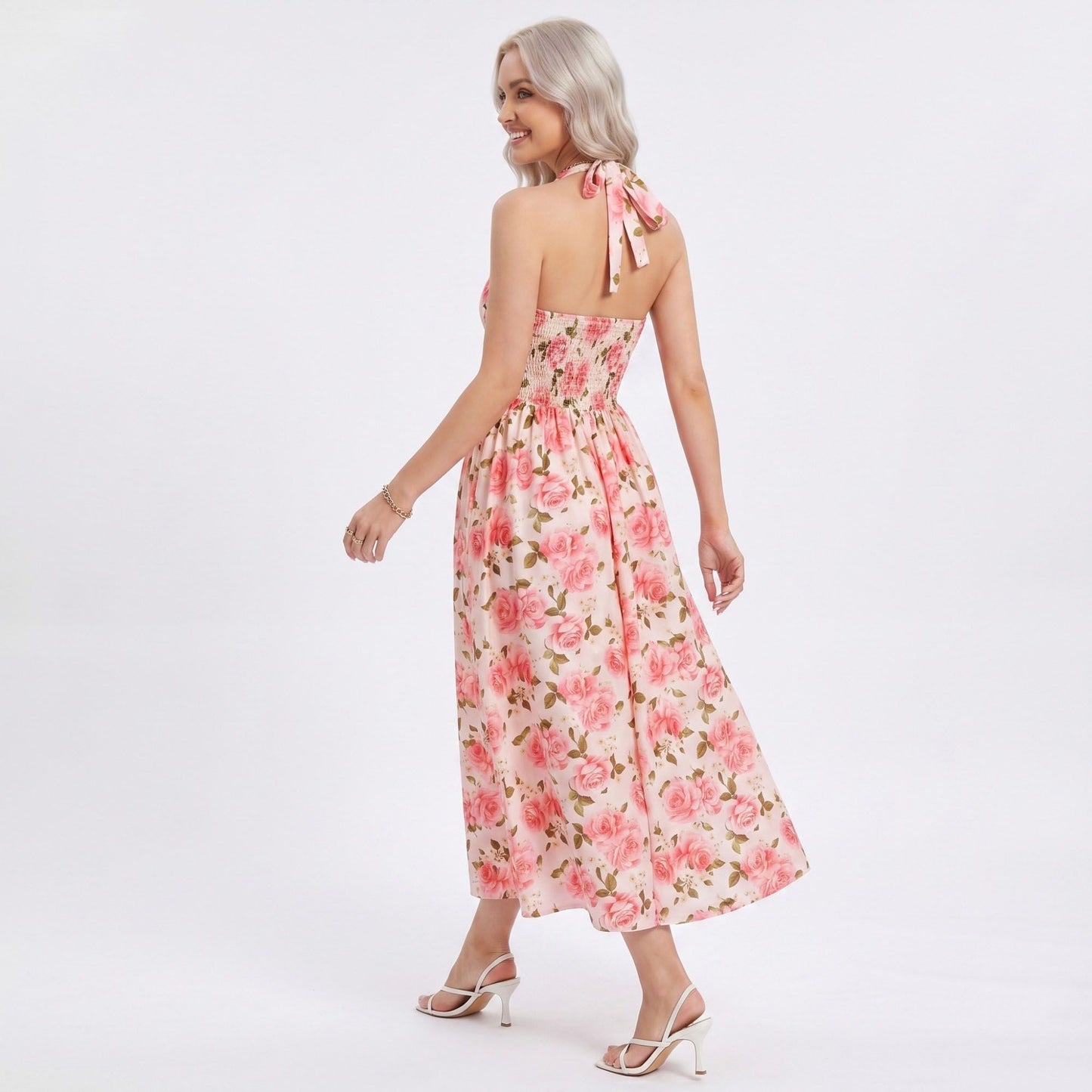 Floral Print Halter Smocked Back Midi Dress