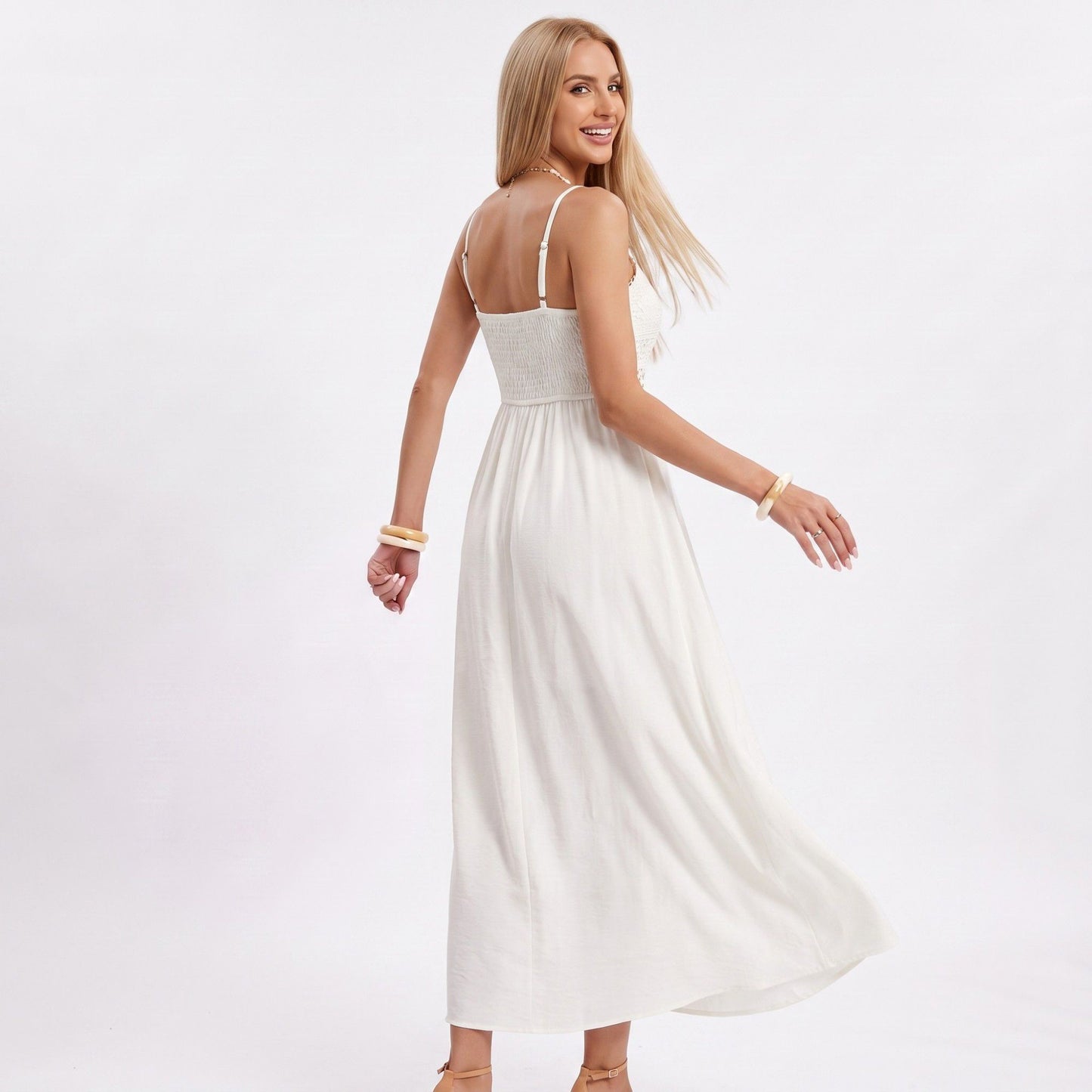 Lace Bodice Maxi Dress Spaghetti Strap Flowing A Line Dress