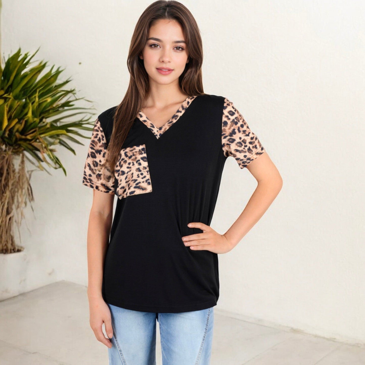 V-Neck Leopard Print Pocket Tee with Contrast Sleeves