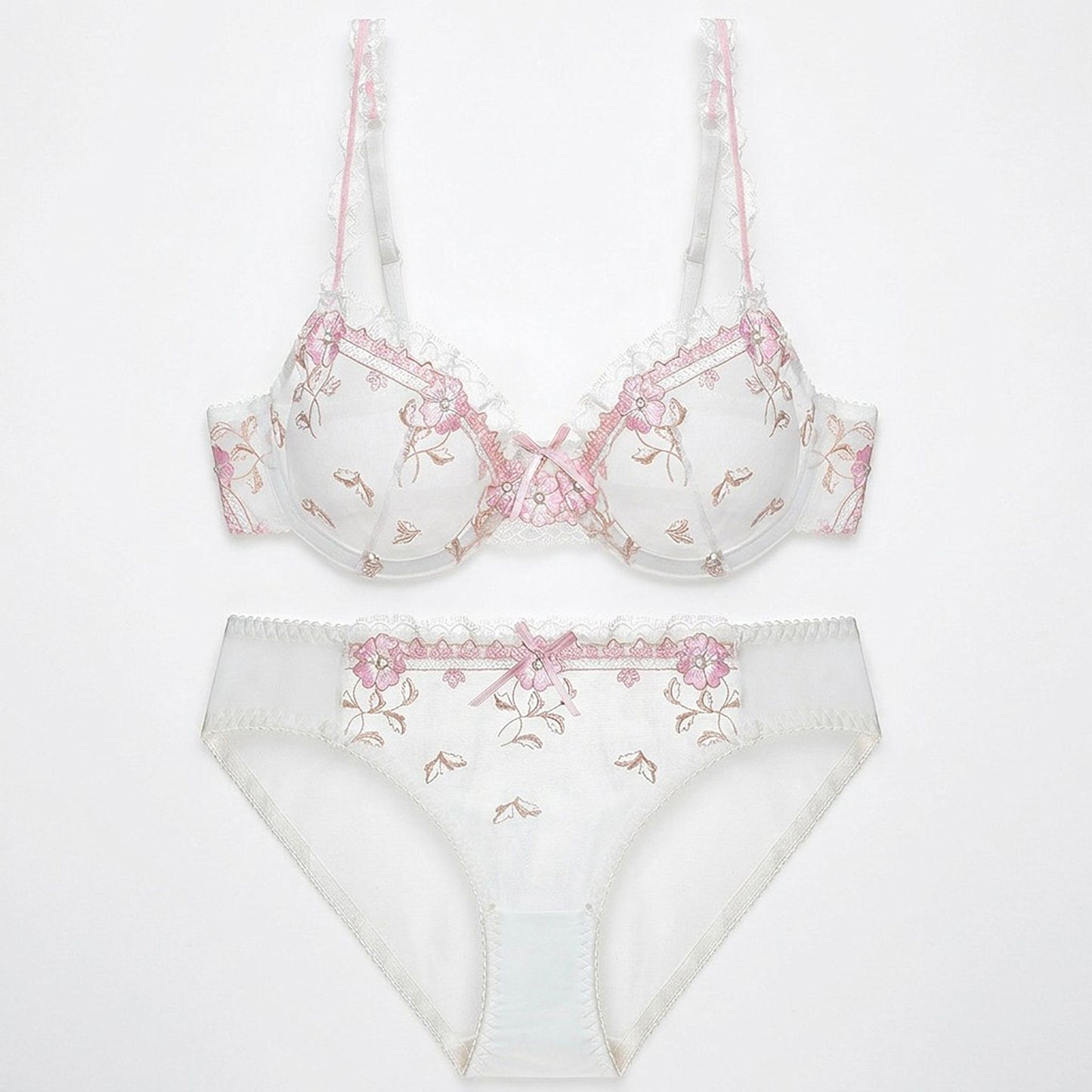 Delicate Floral Embroidered Sheer Lace Underwire Bra and Panty Set