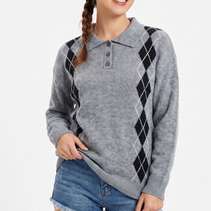 Argyle Polo Collar Button Front Long Sleeve Knit Sweater