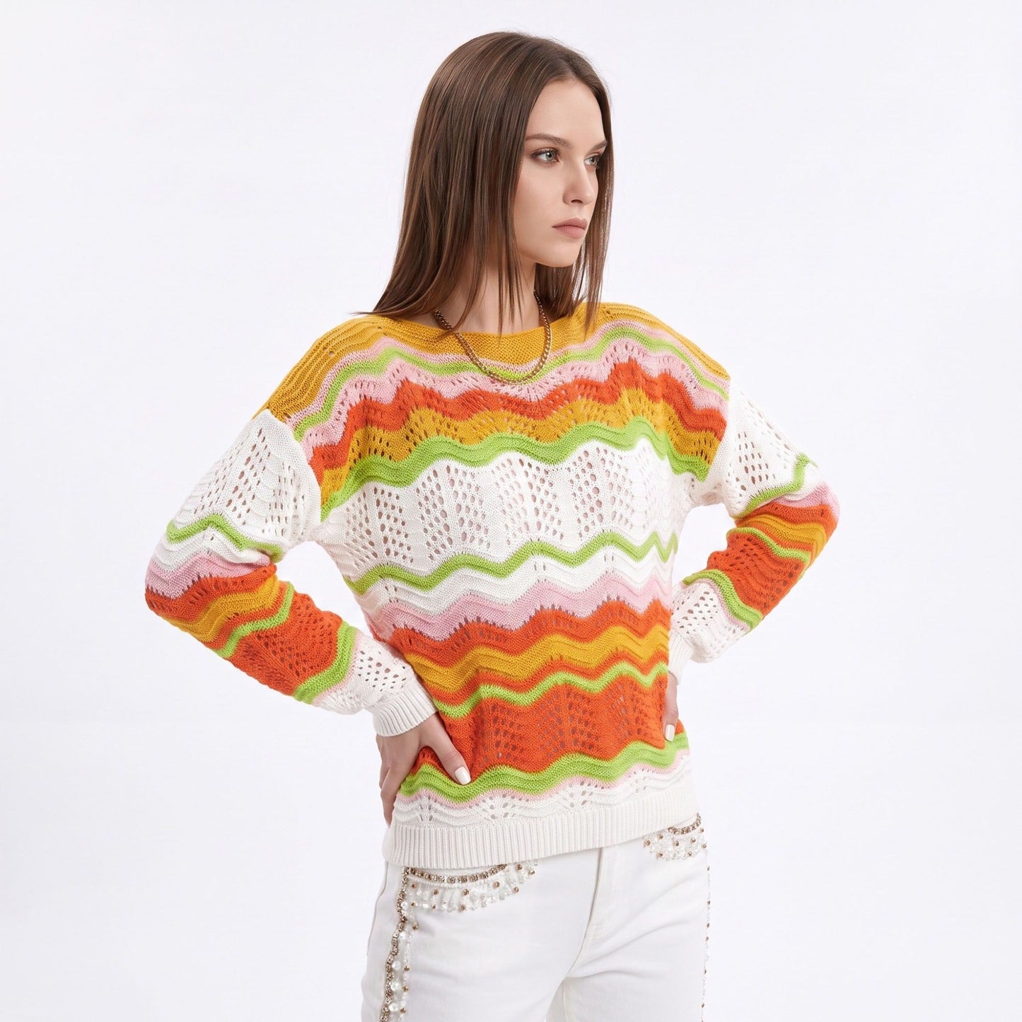 Multicolor Wave Stripe Openwork Knit Long Sleeve Pullover Sweater