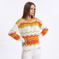 Multicolor Wave Stripe Openwork Knit Long Sleeve Pullover Sweater