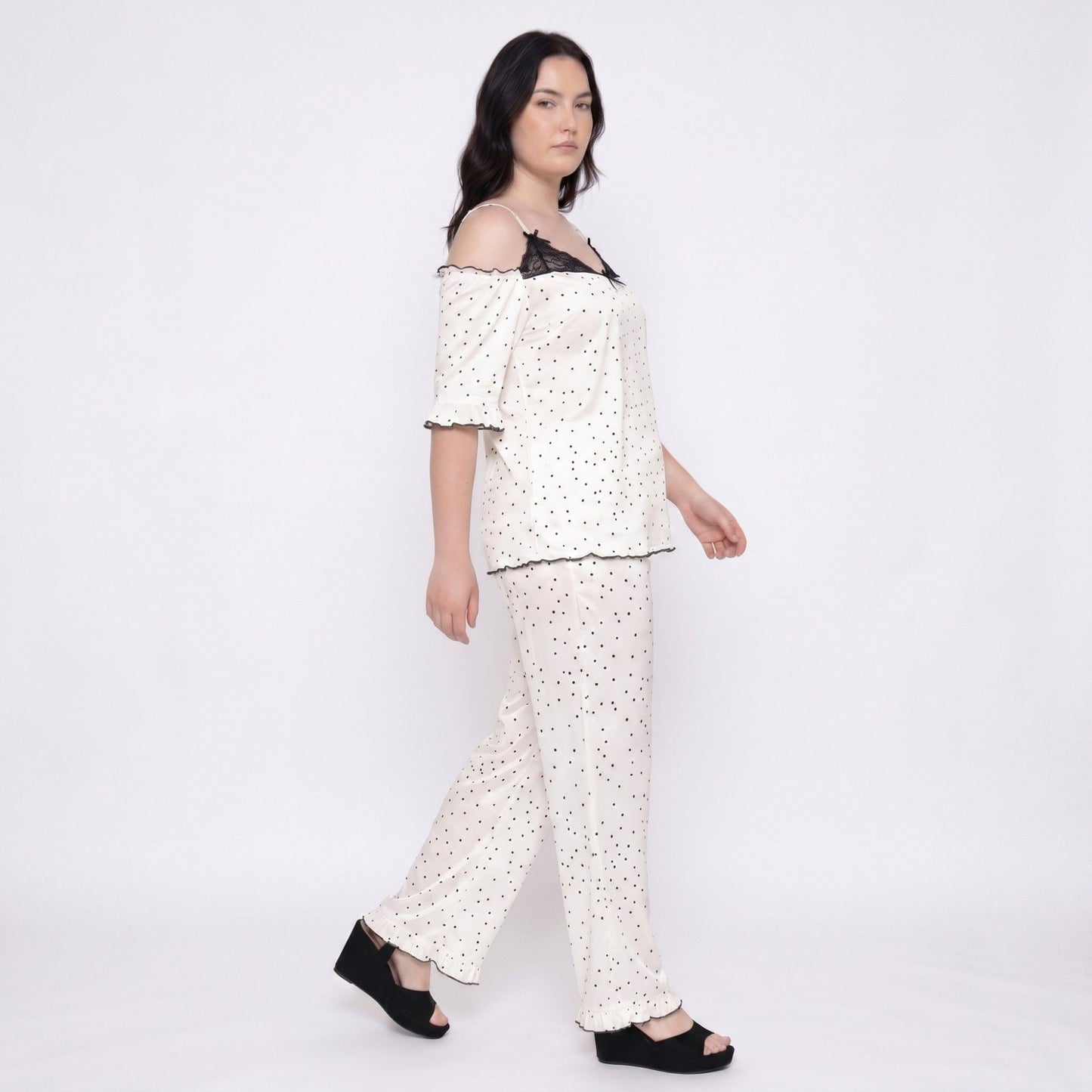 Plus Size 2-Piece Polka Dot Off Shoulder Pajama Top and Wide Leg Pants Sleepwear Lounge Set