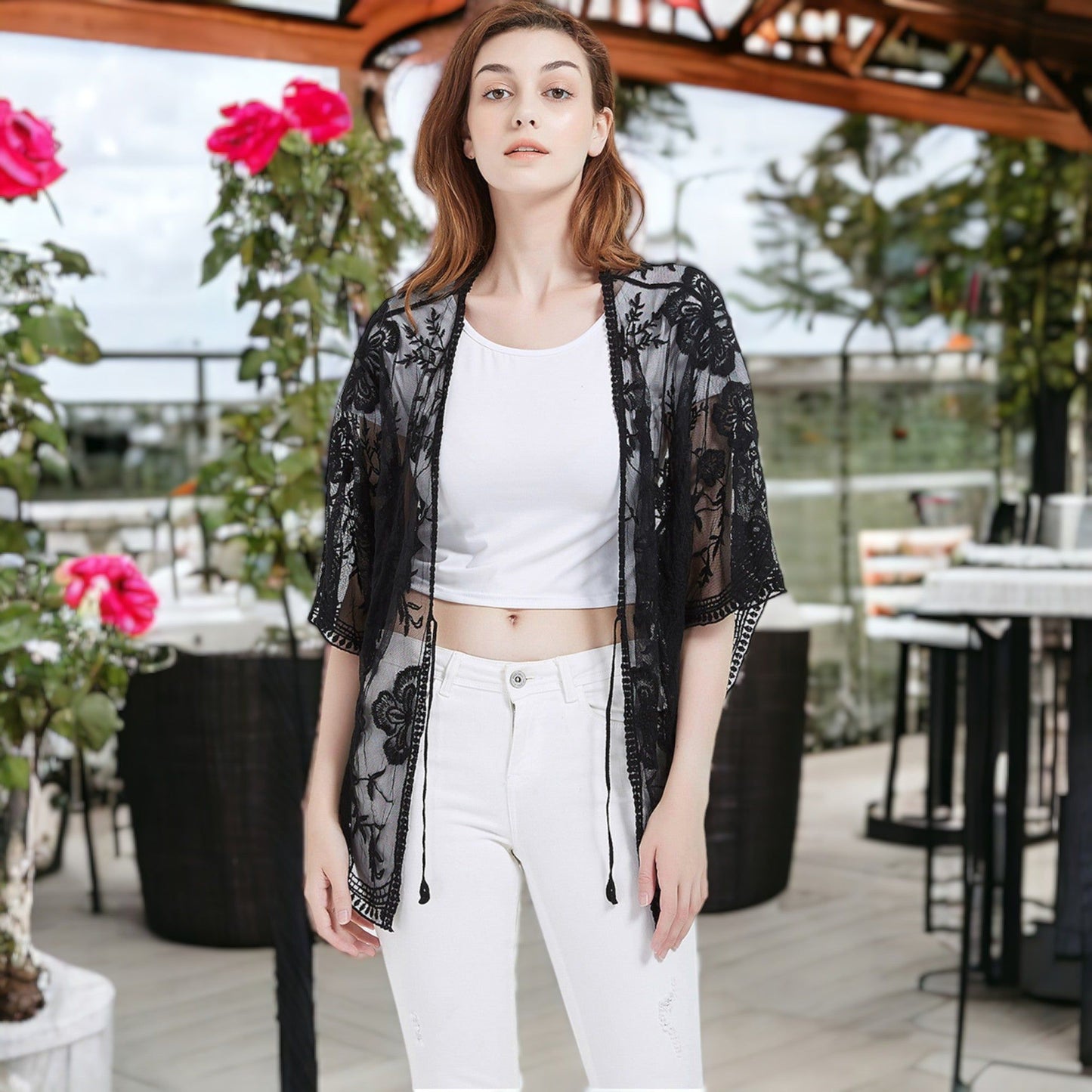 Short Embroidered Lace Duster Crop Cardigan Half Sleeves