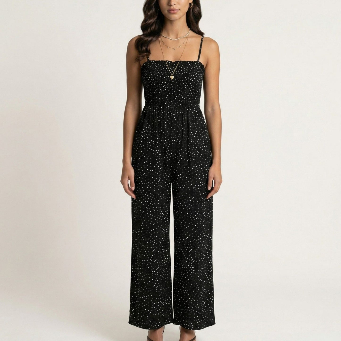 Sleeveless Polka Dot Wide Leg Jumpsuit with Spaghetti Straps Smocked Bodice Relaxed Fit