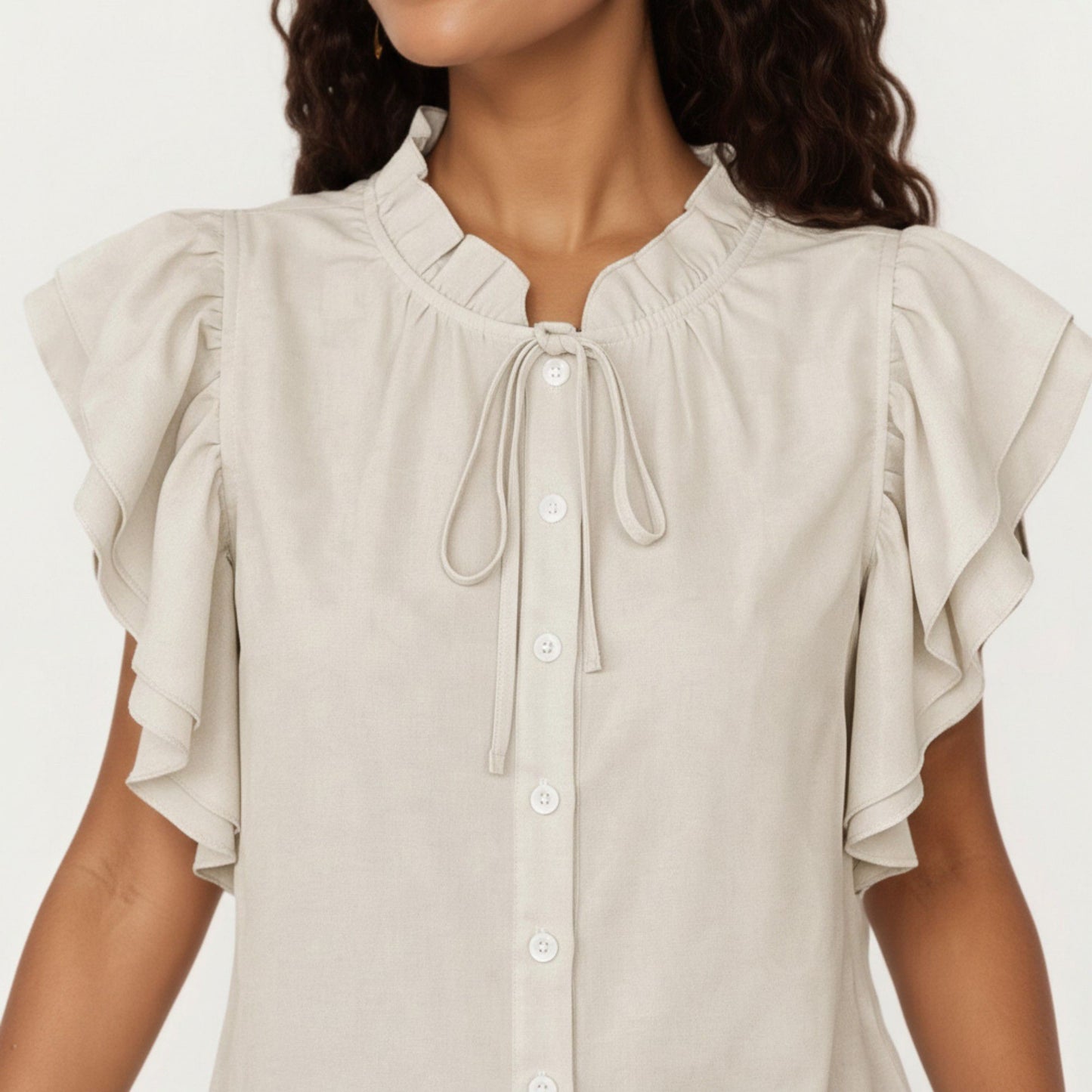 Ruffle Flutter Sleeve Button Down Blouse with Tie Neck