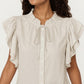 Ruffle Flutter Sleeve Button Down Blouse with Tie Neck