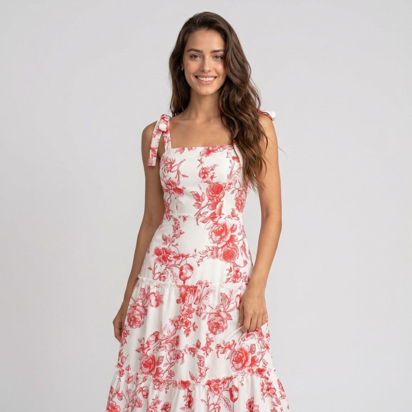Floral Print Tie Shoulder Smocked Bodice Tiered Maxi Dress with Square Neckline and Flowy A Line Silhouette