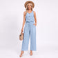 Sleeveless Button Front Jumpsuit with Crochet Lace Back