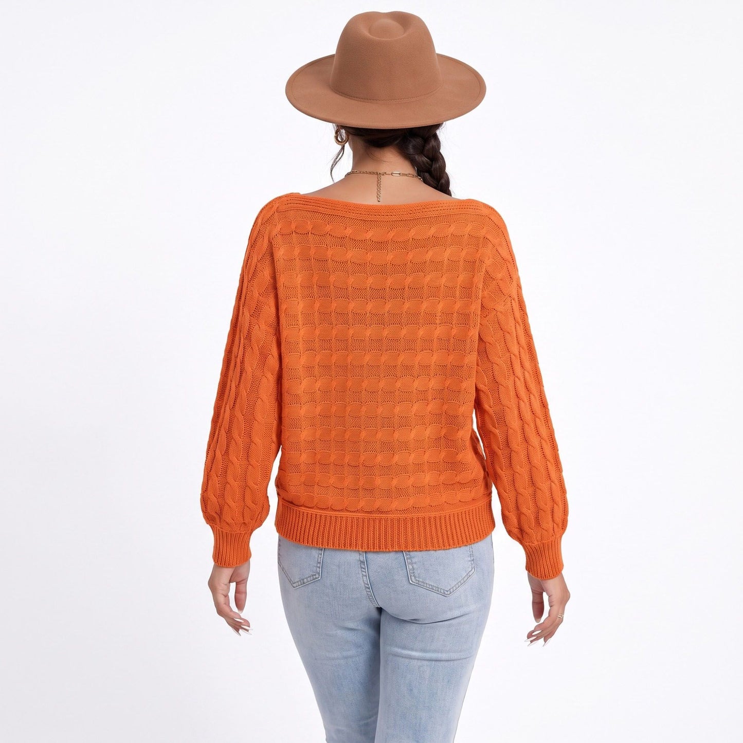 Boat Neck Cable Knit Long Sleeve Pullover Sweater