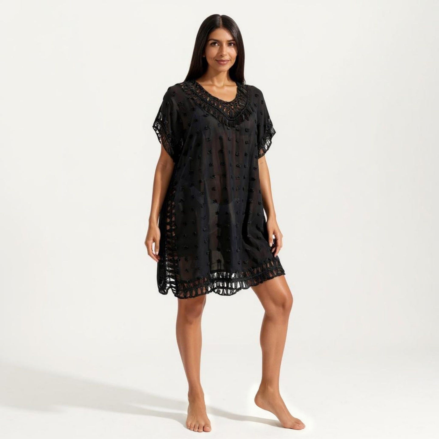 Sheer Crochet Trim Cover Up Dress with Tassel Detail Relaxed Fit and Short Sleeves