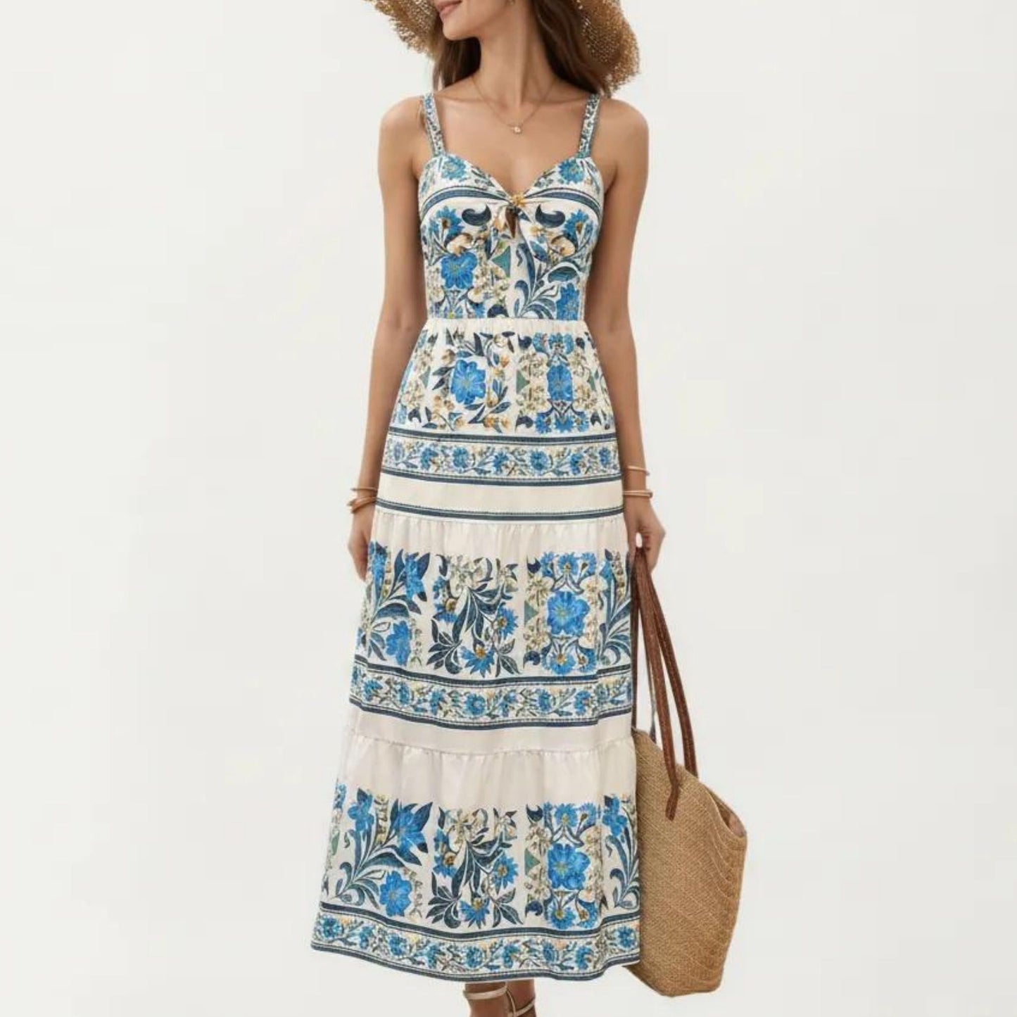 Sleeveless Maxi Dress with Adjustable Straps Tiered Skirt Printed Design Flowy Fit