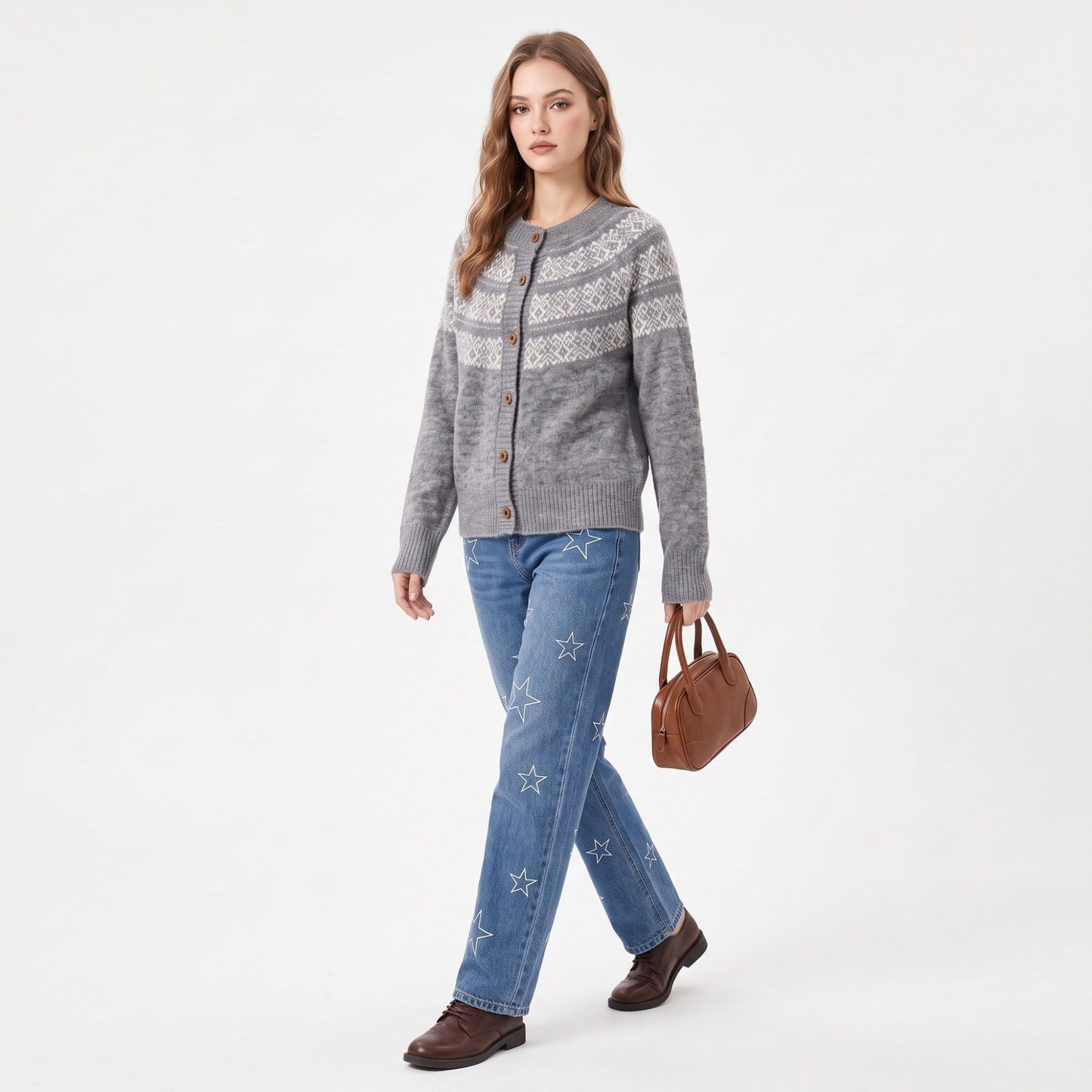 Fair Isle Button Front Crew Neck Cardigan