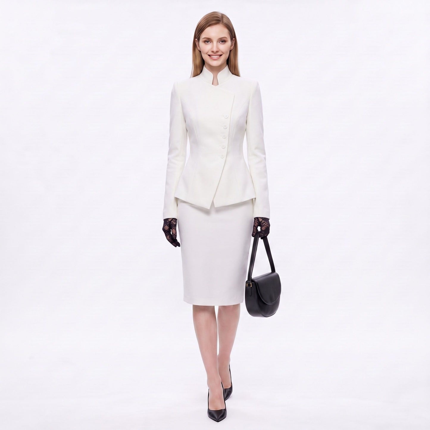 Asymmetric Button Front Blazer with Stand Collar and Peplum Hem