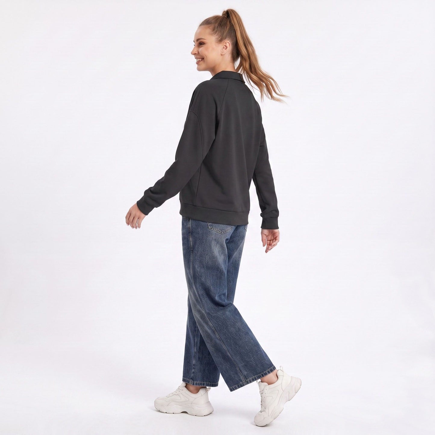 Long Sleeve Polo Sweatshirt with Snap Button Placket