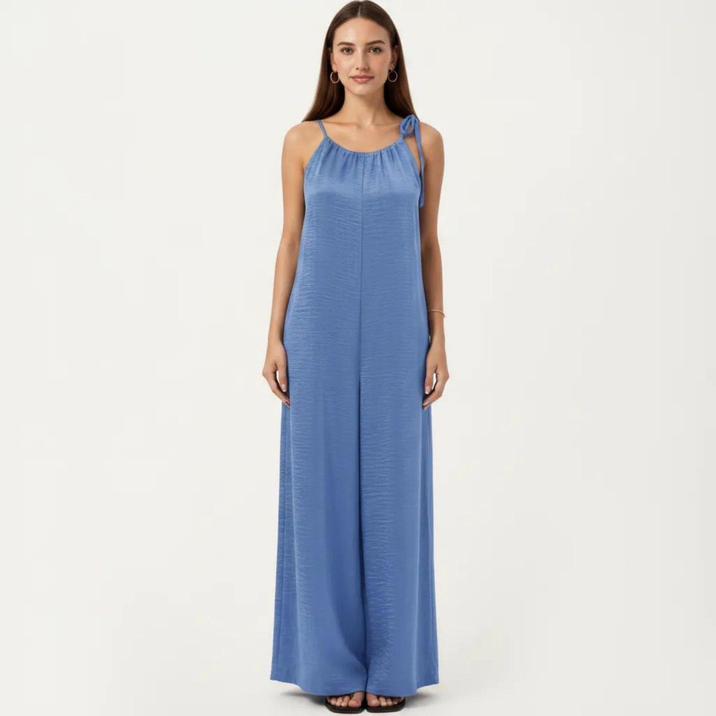 Tie Strap Wide Leg Jumpsuit with Soft Satin Finish