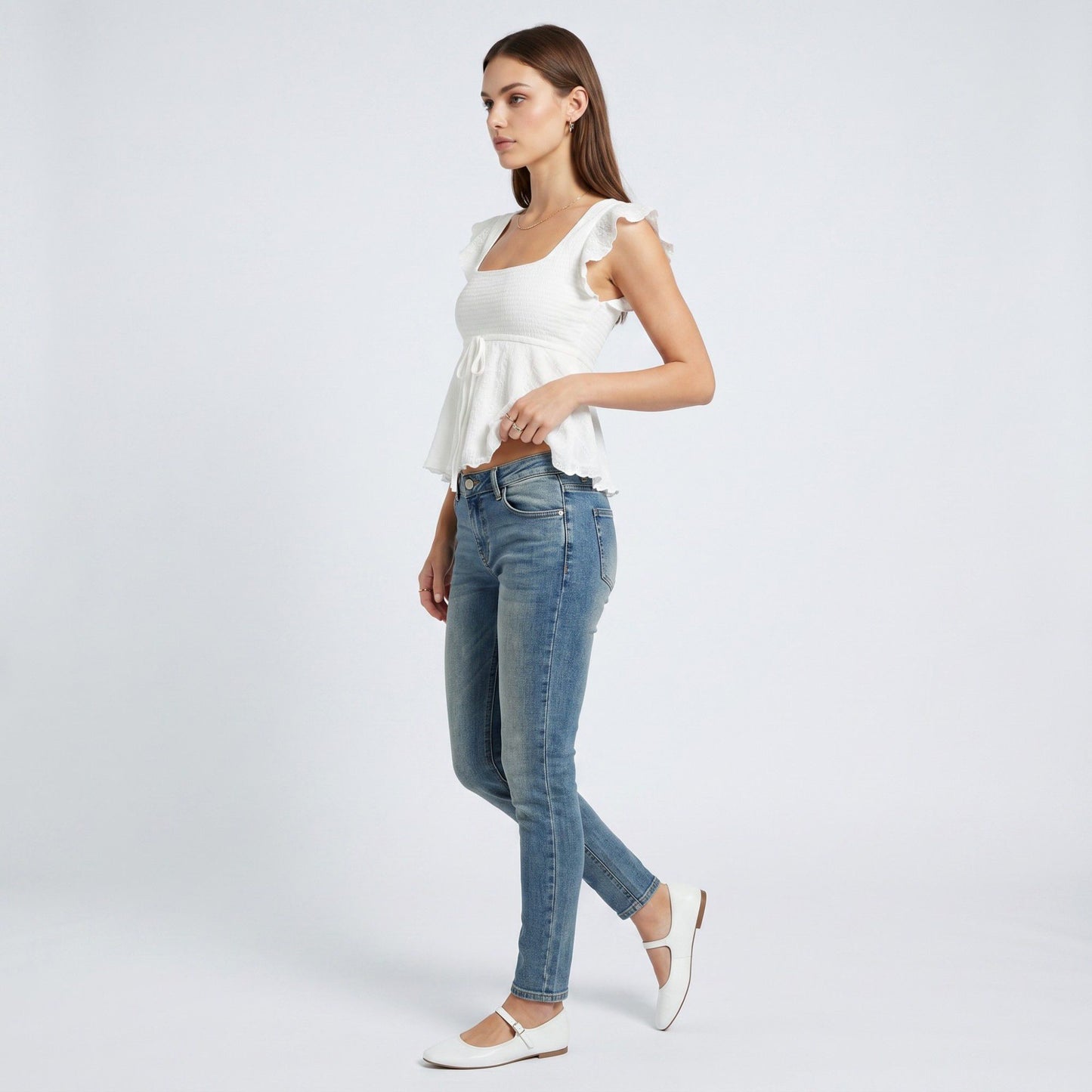 Square Neck Peplum Top with Ruffle Sleeves and Front Tie Detail