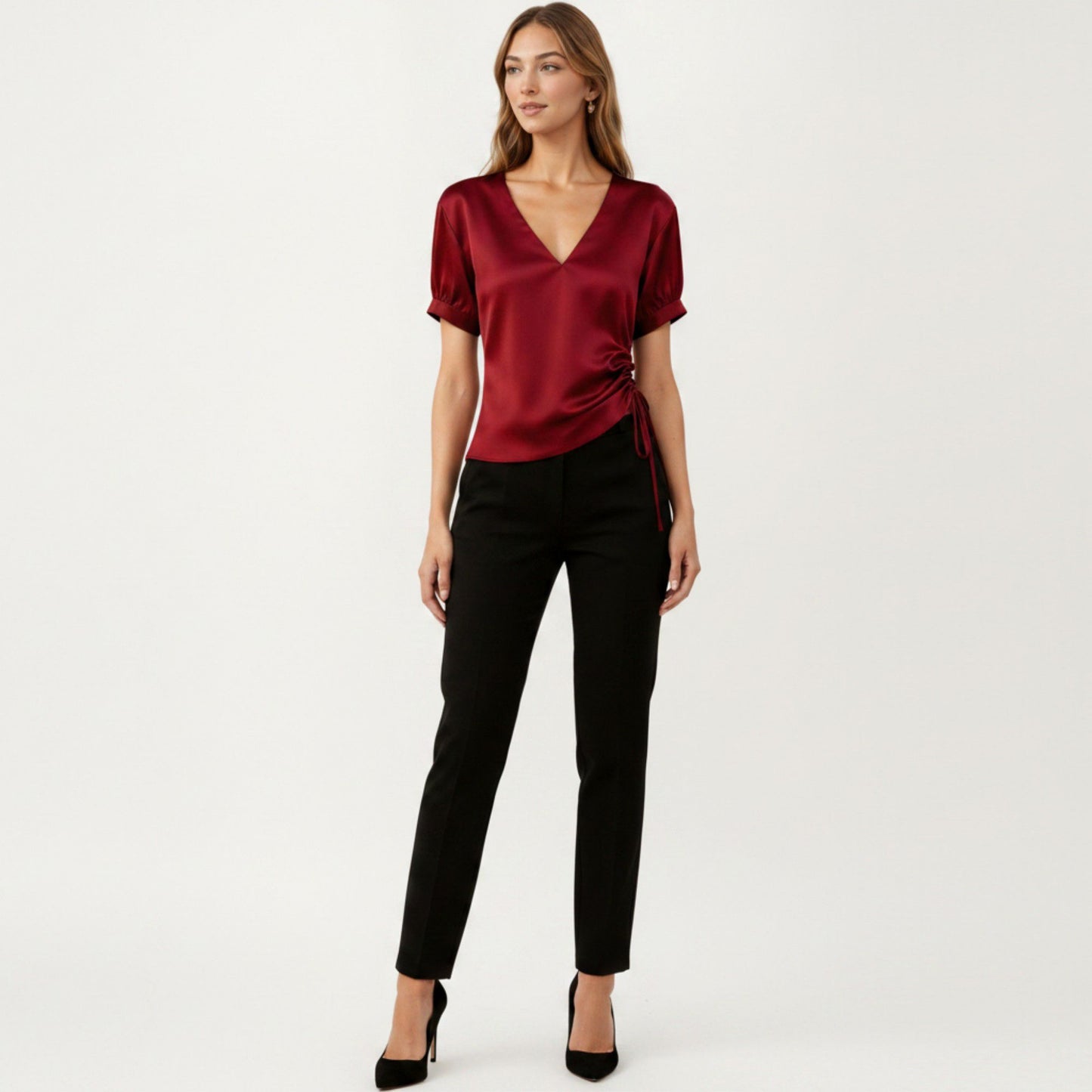 Satin V Neck Blouse with Puff Sleeves and Side Ruched Drawstring