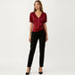 Satin V Neck Blouse with Puff Sleeves and Side Ruched Drawstring