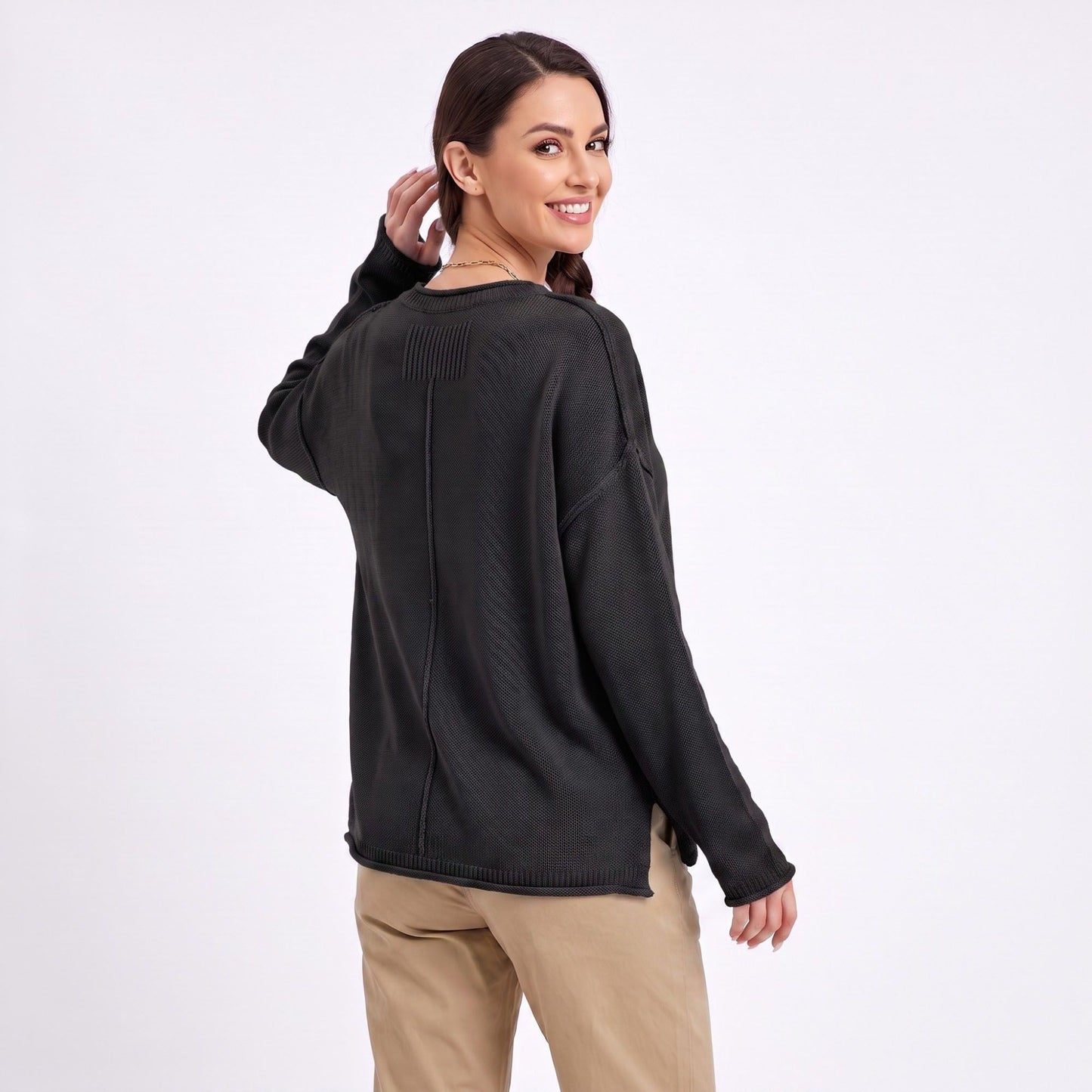 Relaxed Drop Shoulder Crew Neck Long Sleeve Knit Sweater