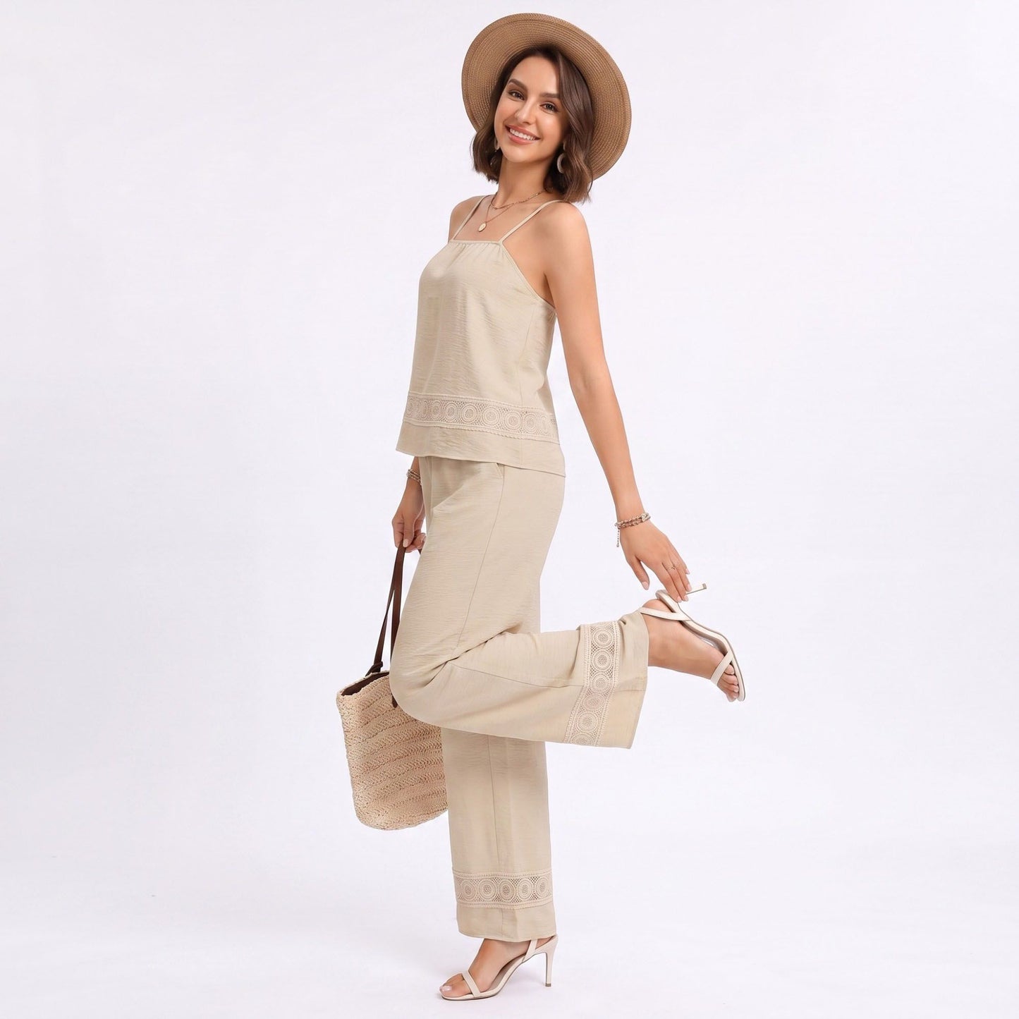 Sleeveless Button Front Jumpsuit with Crochet Lace Back