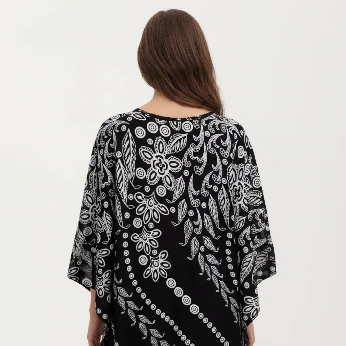 Floral Print Kaftan Maxi Dress with V-Neck Button Front and Flowy Batwing Sleeves