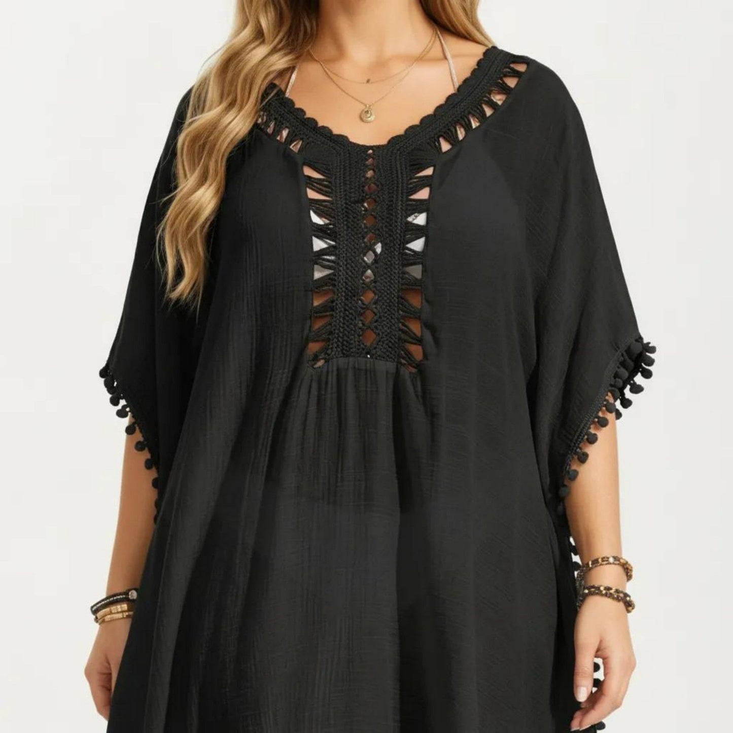 Swim Cover Up Dress with Crochet Cutout Neckline Pom Trim Hem Loose Short Sleeves Relaxed Fit