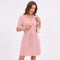 Waffle Knit Collared V-Neck Drawstring Short Dress