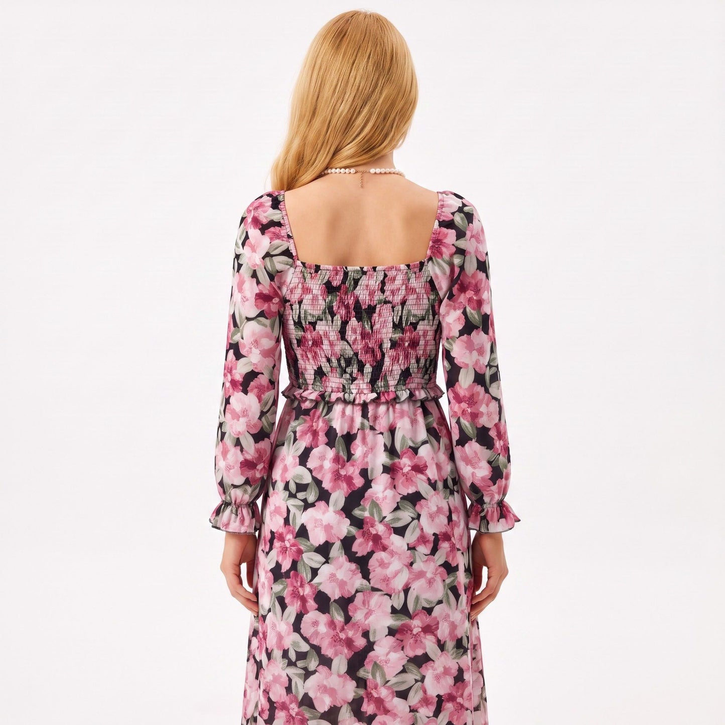 Floral Smocked Square Neck Long Sleeve Midi Dress