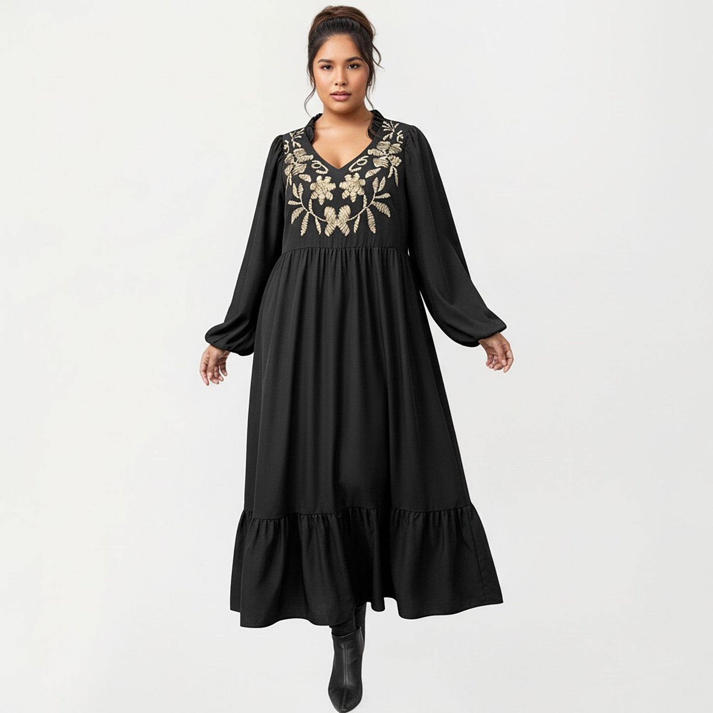 Plus Size Long Sleeve V Neck Dress with Floral Embroidered Bodice and Flowy Tiered Skirt