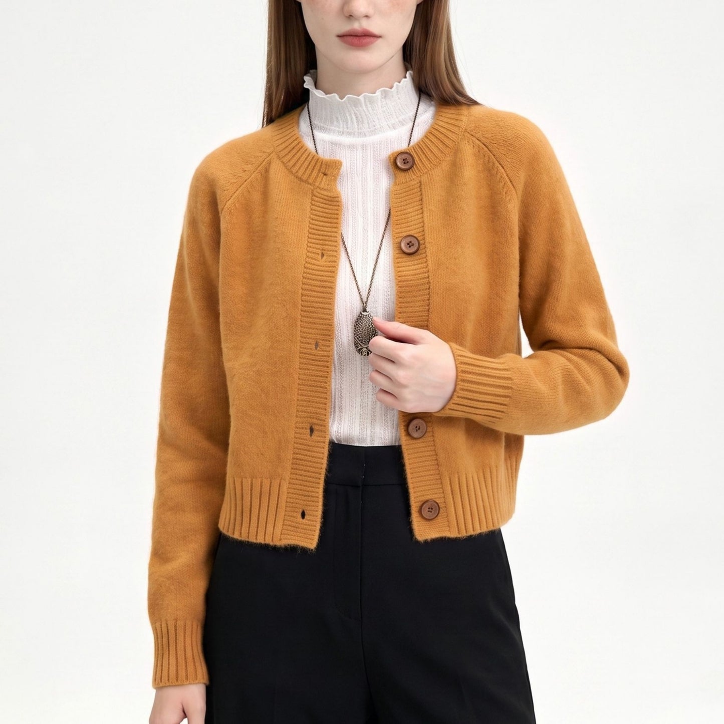 Cropped Crewneck Button-Front Cardigan Sweater