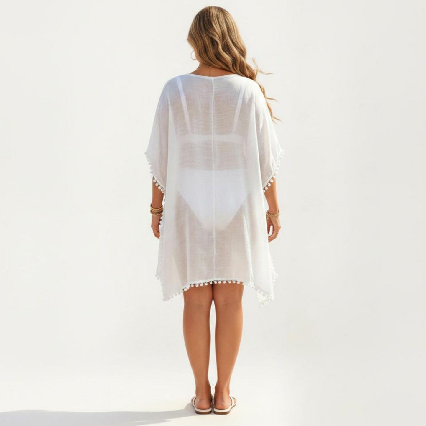 Swim Cover Up Dress with Crochet Cutout Neckline Pom Trim Hem Loose Short Sleeves Relaxed Fit