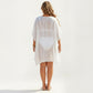 Swim Cover Up Dress with Crochet Cutout Neckline Pom Trim Hem Loose Short Sleeves Relaxed Fit