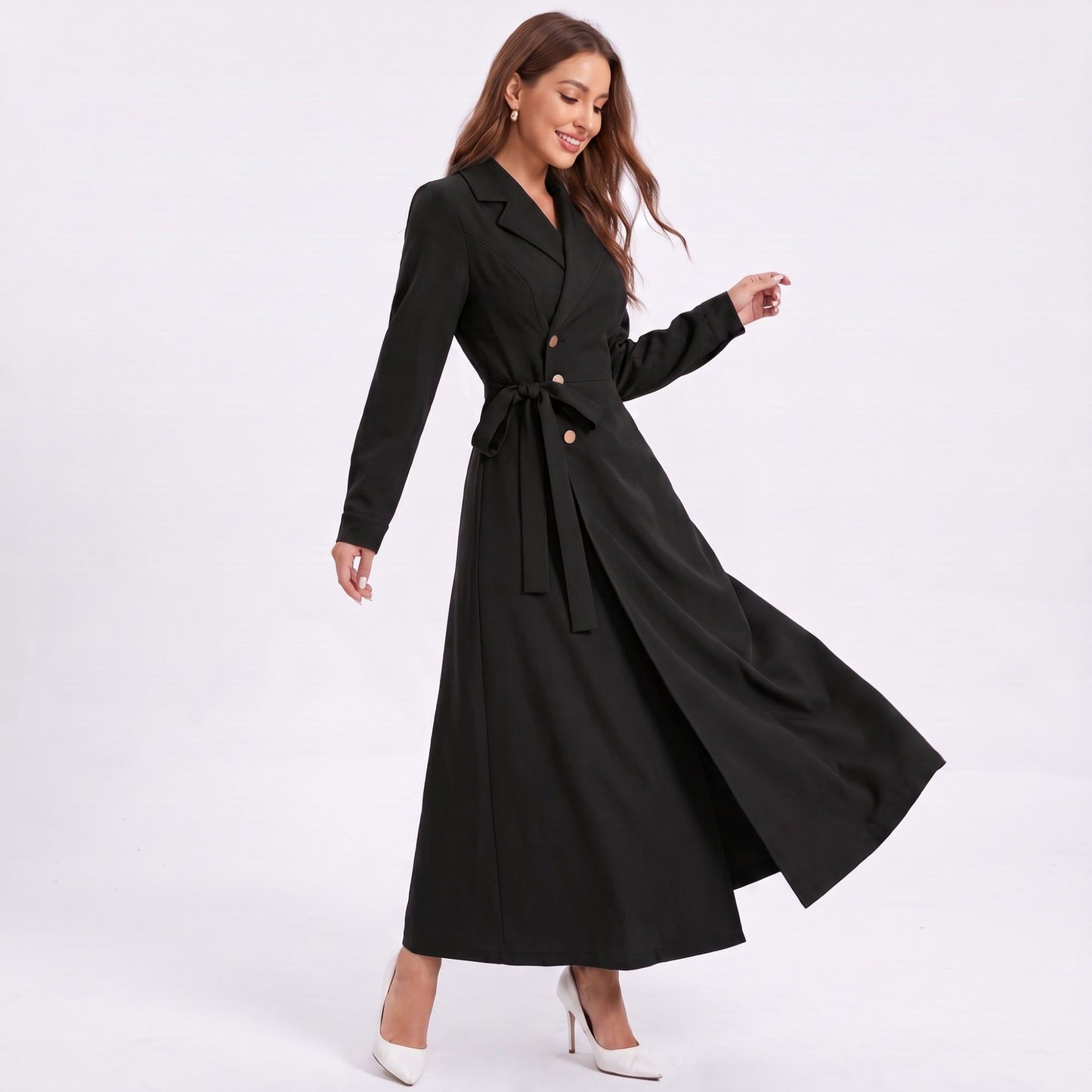 Long Sleeve Belted Trench Coat with Notched Lapels and Button Front