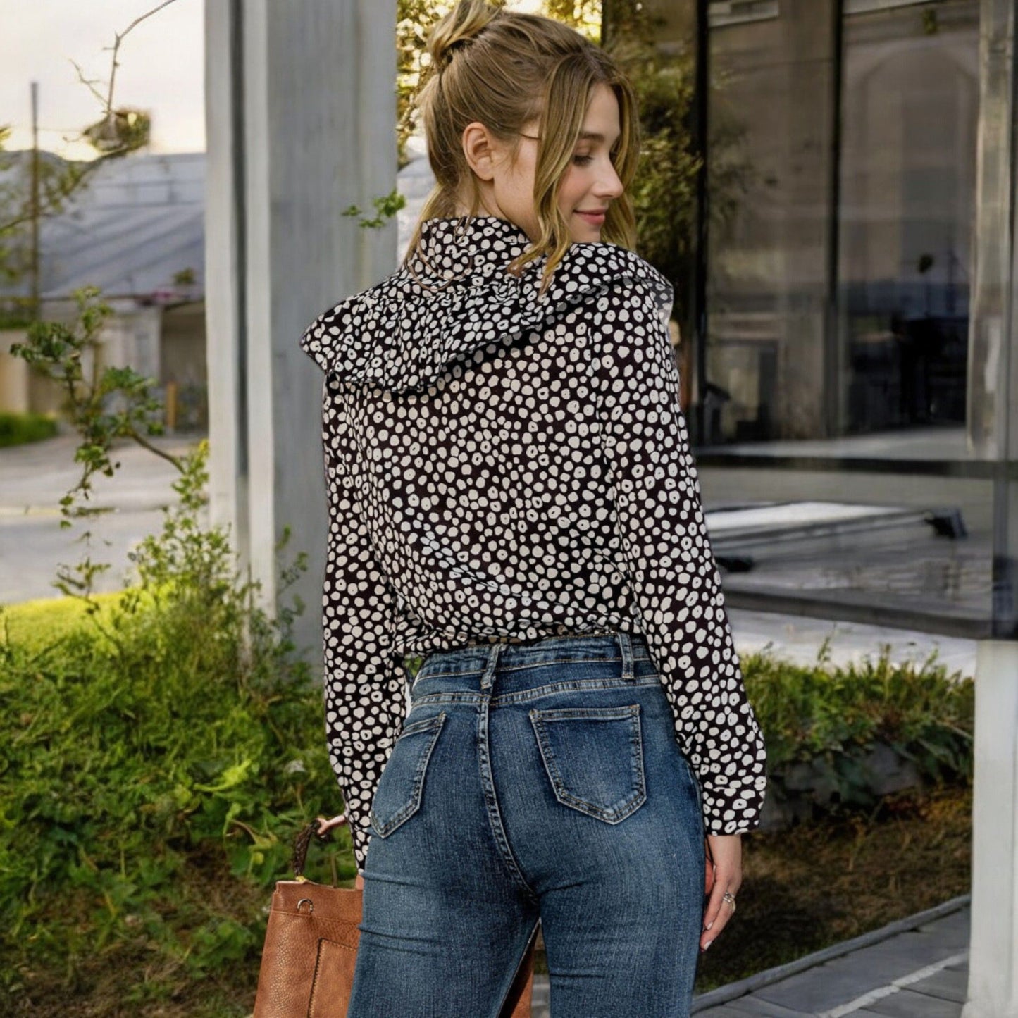 Polka Dot Blouse with Ruffled Front Detail and High Neck