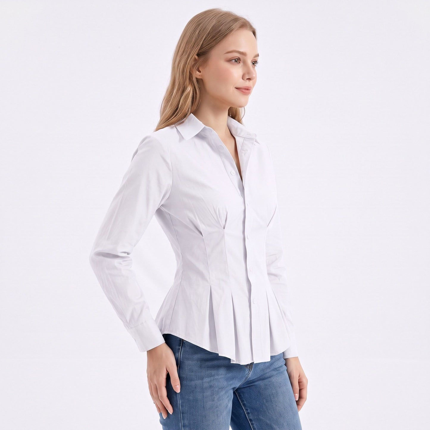 Long Sleeve Button Down Peplum Shirt with Collared Neckline