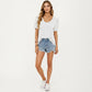 Short Puff Sleeve Top with Scoop Neck Textured Knit Relaxed Fit Casual Shirt