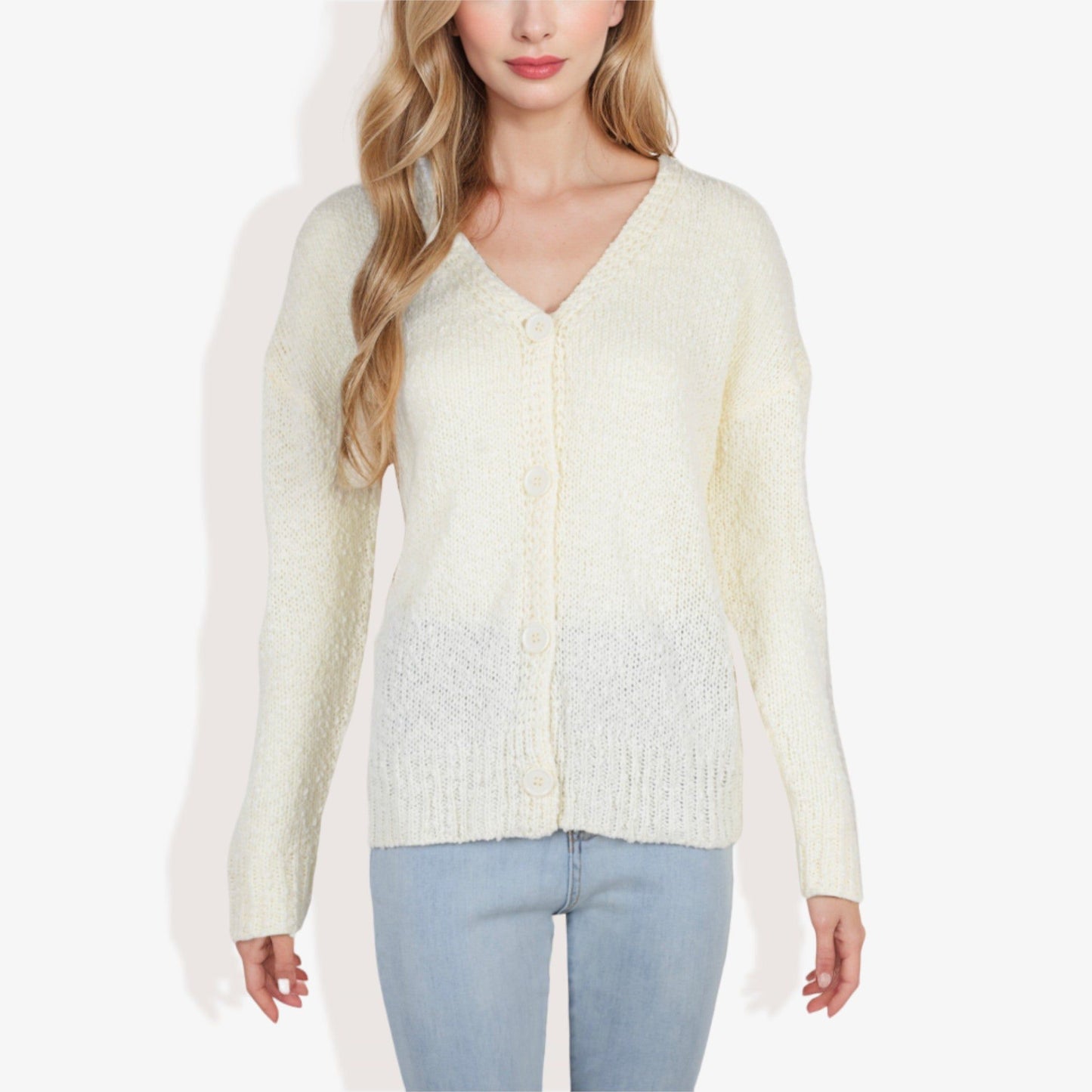 Button-Up Cardigan V-Neck Long Sleeve with Ribbed Hem