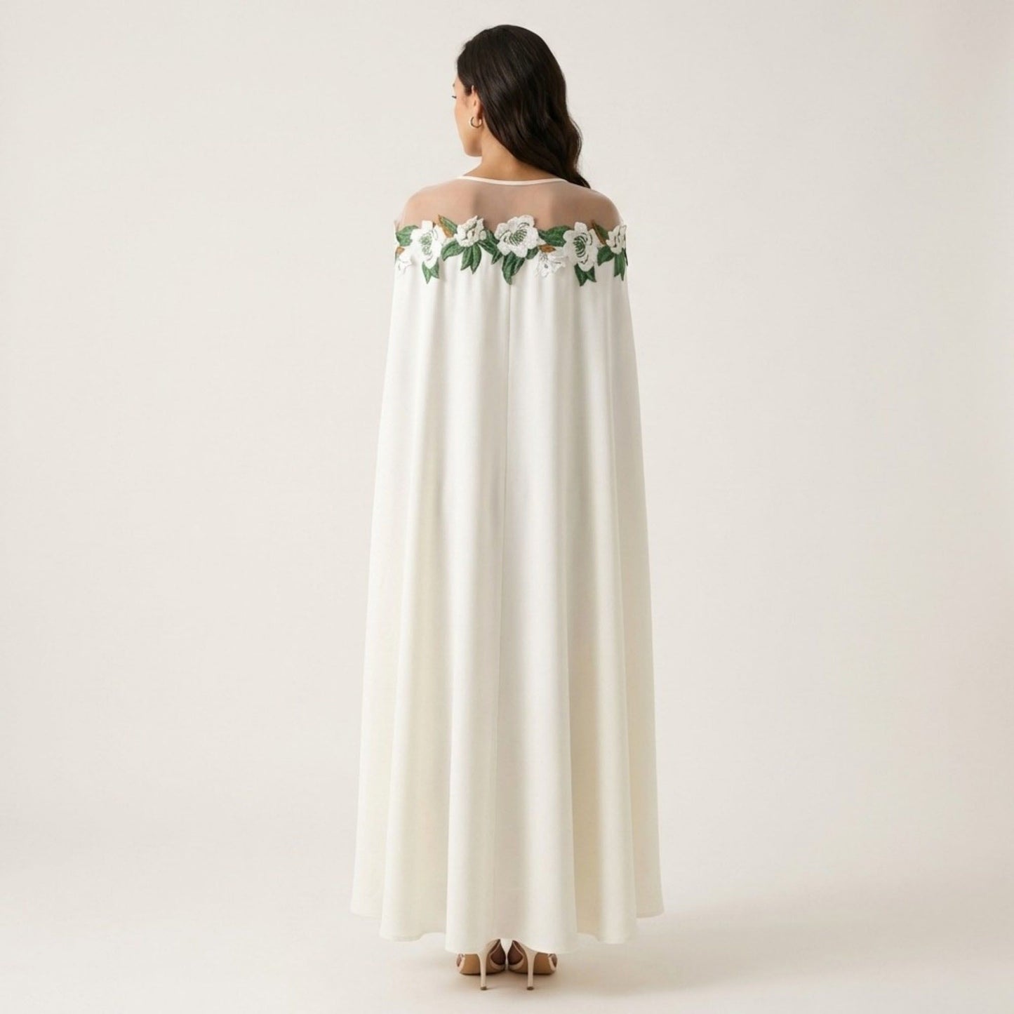 Floral Embroidered Cape Maxi Dress Sheer Neckline Loose Fit Flowing Long Dress