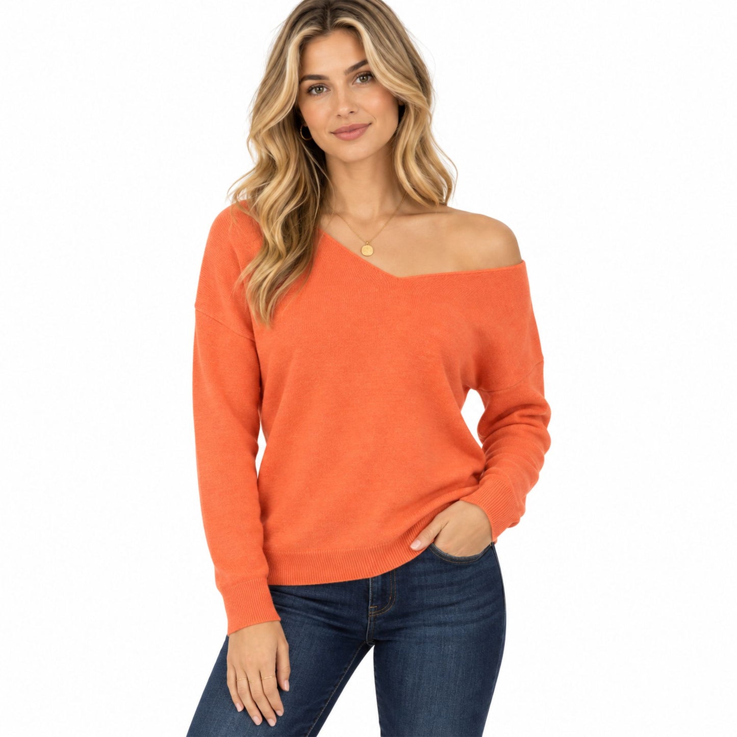 V Neck Relaxed Loose Long Sleeve Casual Knit Pullover Sweater